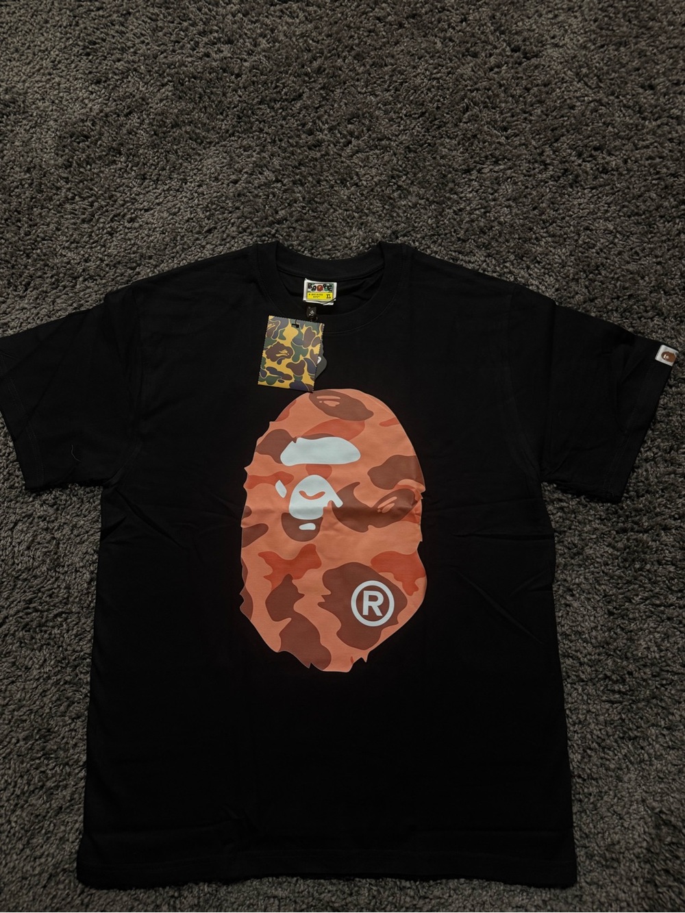 Bape Black Tee with Orange Camo Ape Head